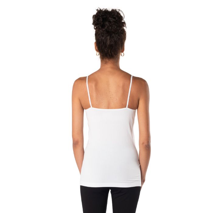 essential cami camisole tank top white back view of top on model