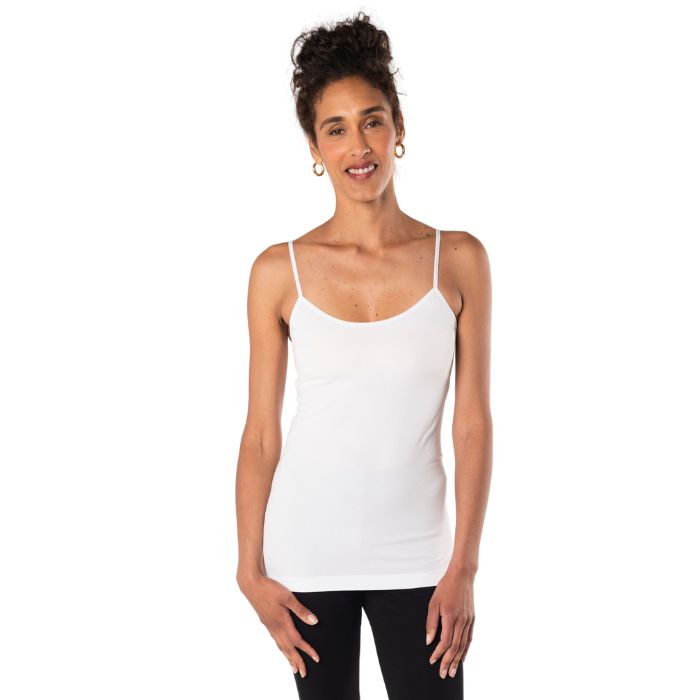 essential cami camisole tank top white front view of top on model