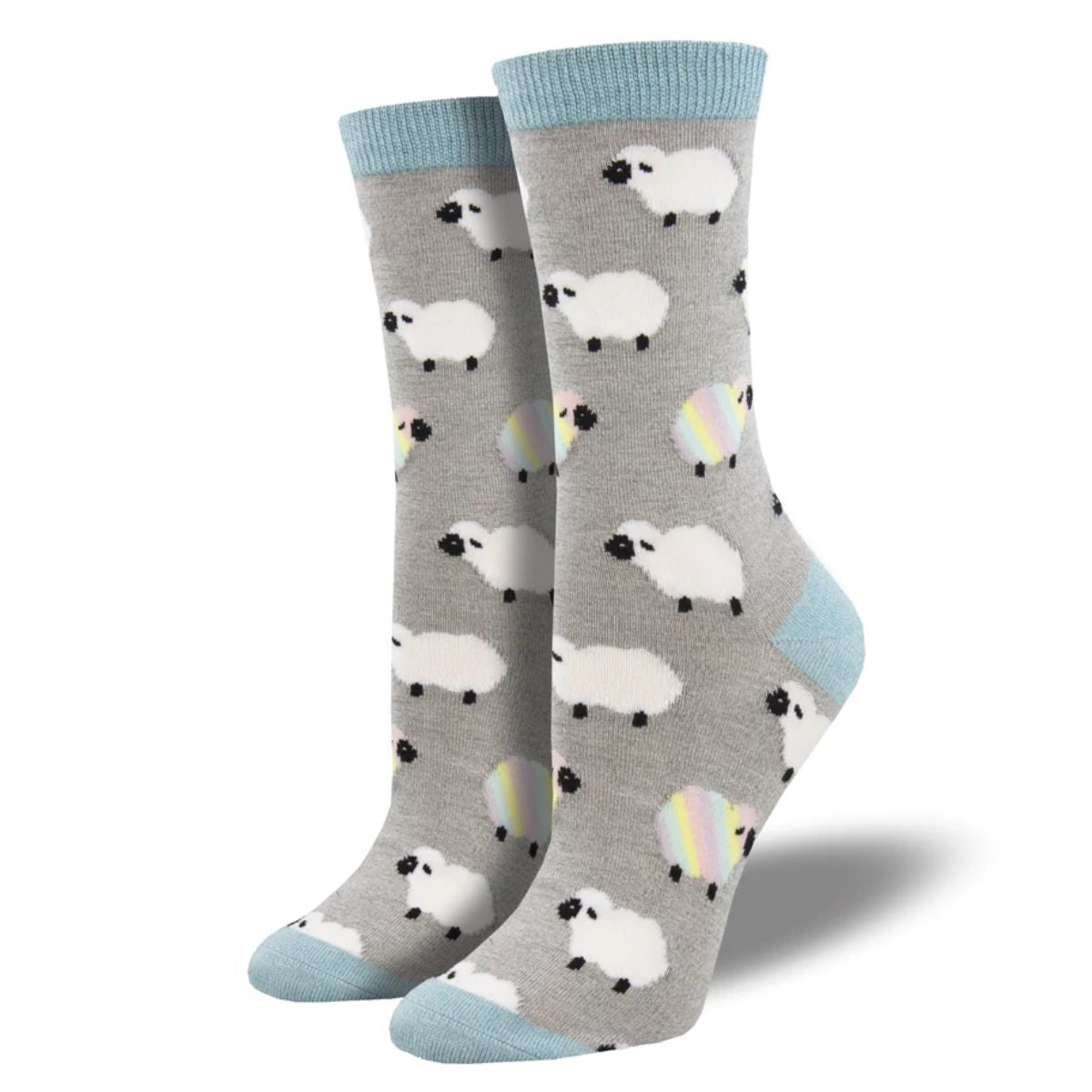 Ewenique socks a pair of grey crew socks with sheep print