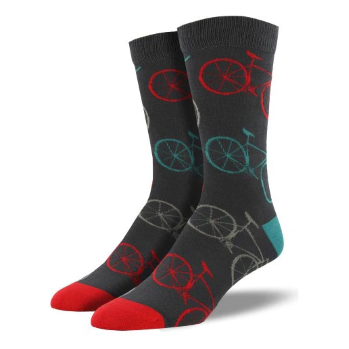 fixie socks a pair of charcoal grey crew socks with bicycle print