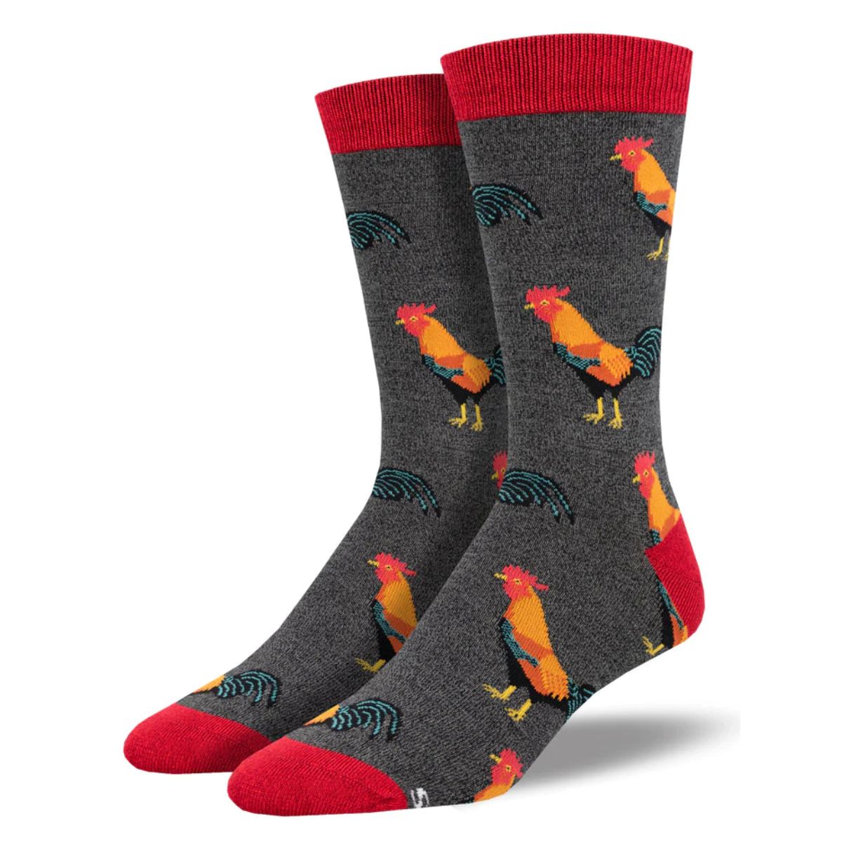 Flock of roosters socks a pair of charcoal grey crew socks with rooster print