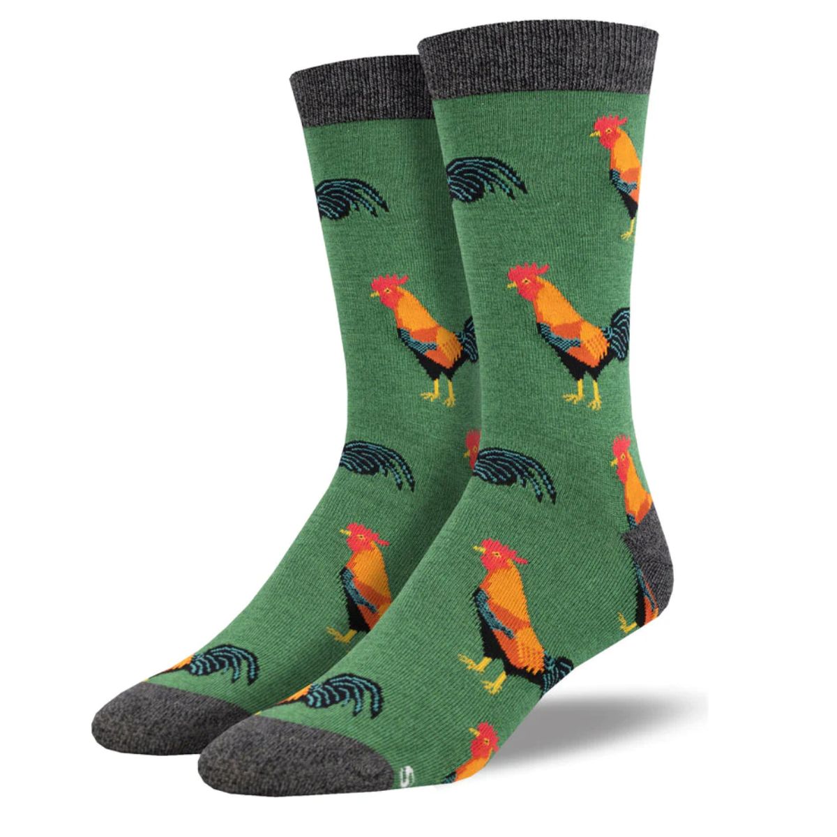 Flock of roosters socks a pair of green crew socks with rooster print
