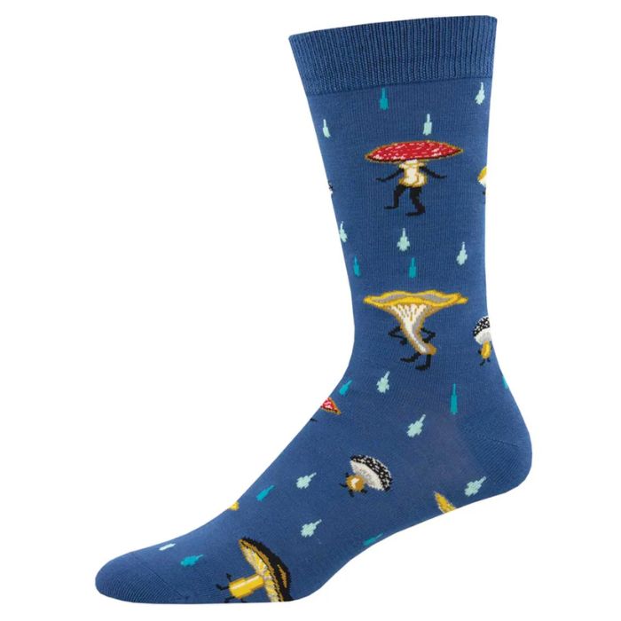 fungi fun guys sock blue crew sock with dancing mushroom print