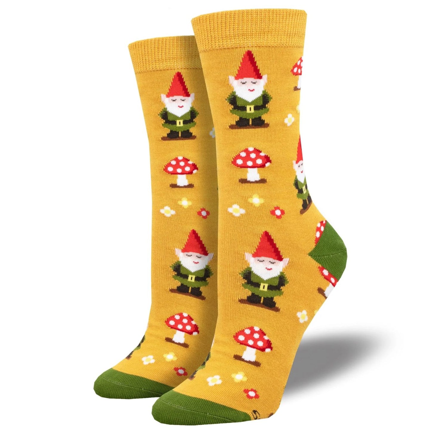 Gnome more mushrooms socks a pair of gold yellow socks with gnome and mushroom print