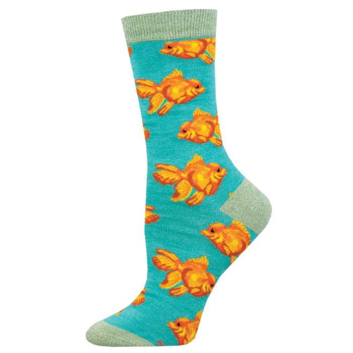 Goldfish sock teal green sock with goldfish print. 