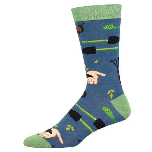 green thumb sock blue crew sock with plants and garden tools print