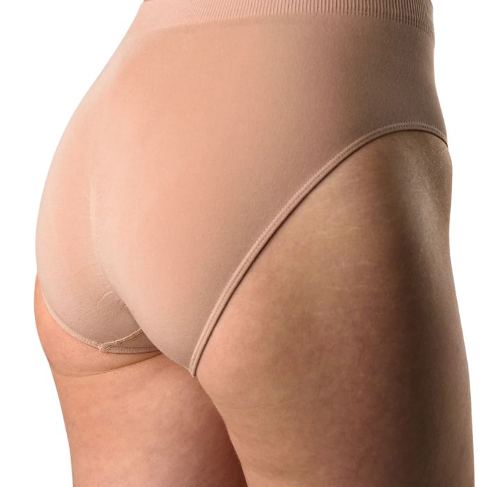 high waisted brief beige mid section back view on model