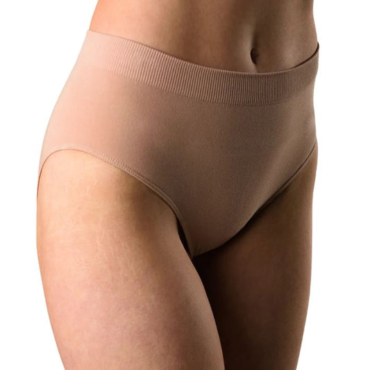 high waisted brief beige mid section front view on model