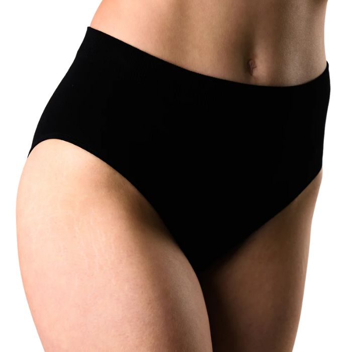 high waisted brief black mid section front view on model