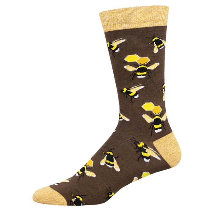 honey in the bank sock brown crew sock with bumble bee print