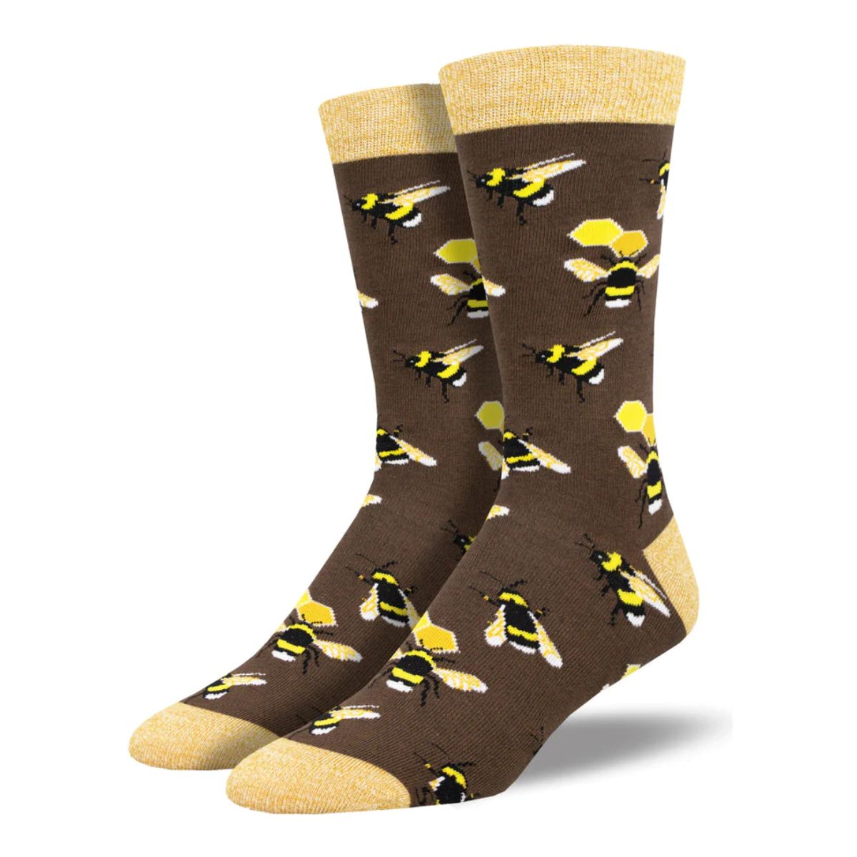 honey in the bank socks a pair of brown crew socks with bee print