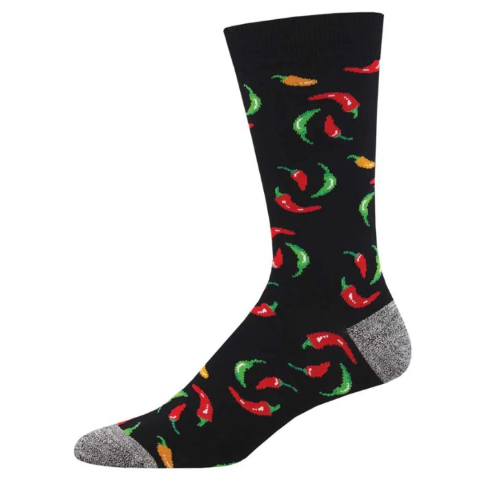 Hot on your heels sock black crew sock with hot chilli pepper print