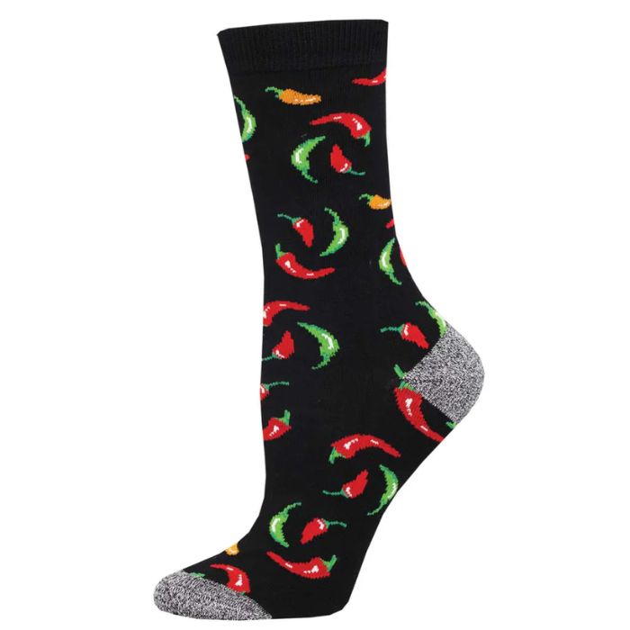 Hot on your heels sock black crew sock with hot chilli pepper print