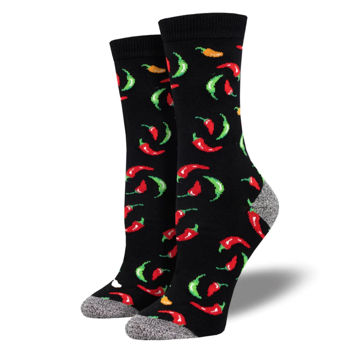 Hot on your heels socks a pair of black crew socks with hot pepper print