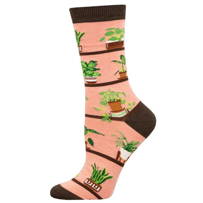 Houseplants sock pink sock with a variety of houseplant print. 