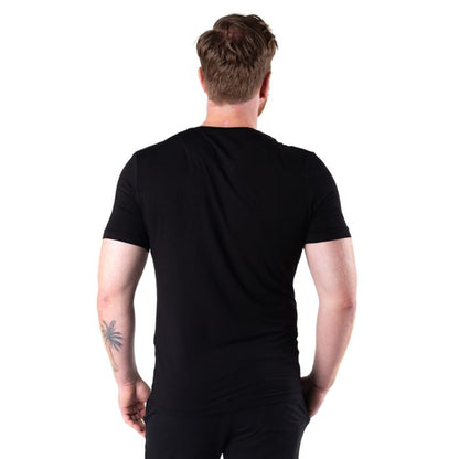 Huron V-neck t-shirt black back view of top on model