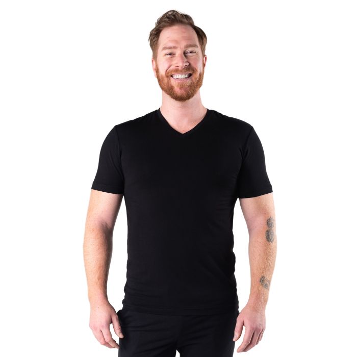 Huron V-neck t-shirt black front view of top on model