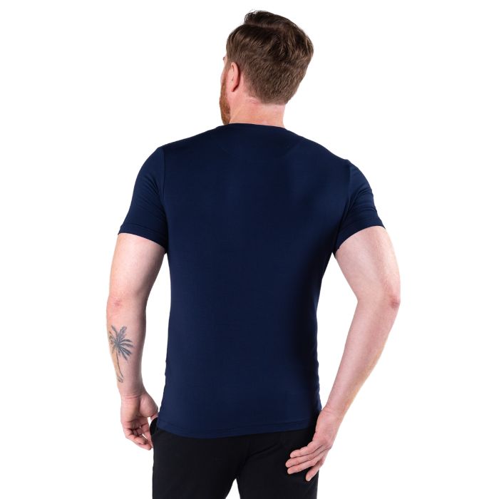 Huron V-neck t-shirt ink blue back view of top on model