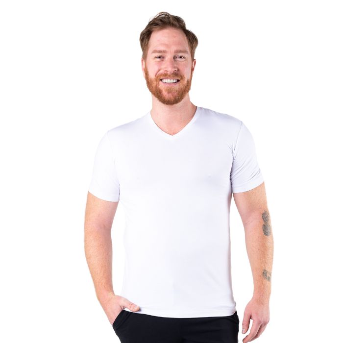 Huron V-Neck t-shirt white front view of top on model