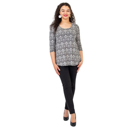 jazz damask print three quarter sleeve top and nadia black pants front view on model