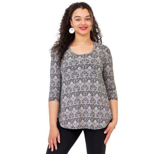 jazz damask print three quarter sleeve top front view of top on model
