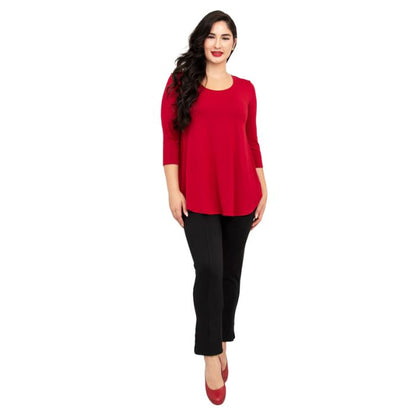 female model wearing jazz lipstick red  three quarter sleeve top and nadia black pants front view on white background