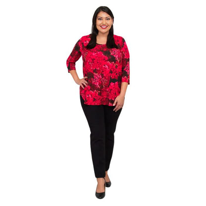 jazz normandy print three quarter sleeve top and nadia black pants front view on model