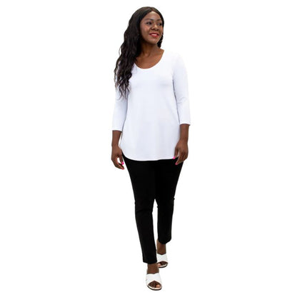 female model wearing jazz white three quarter sleeve top and nadia black pants front view on white background