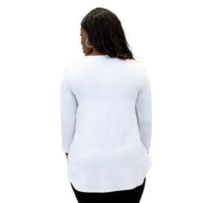 top half of female model wearing jazz white three quarter sleeve top front view on white background