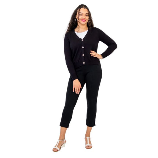 female model wearing black jessica button up cardigan sweater white reanna tank top and black nadine cropped pants front view on white background
