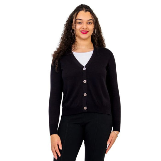 top half of female model wearing jessica black button up cardigan sweater front view of sweater on white background