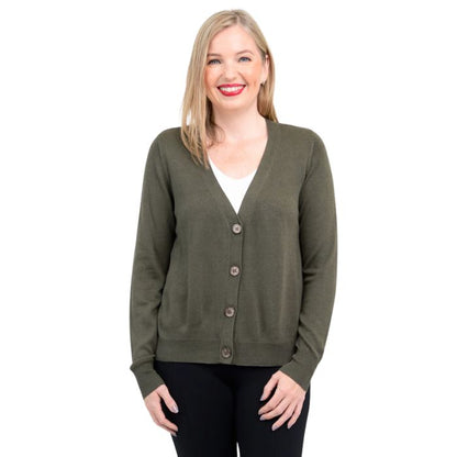 top of female model wearing jessica khaki green button up cardigan sweater front view on white background