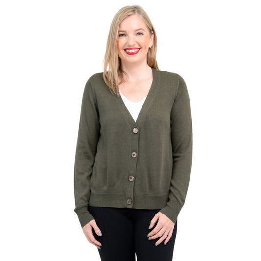 top of female model wearing jessica khaki green button up cardigan sweater front view on white background