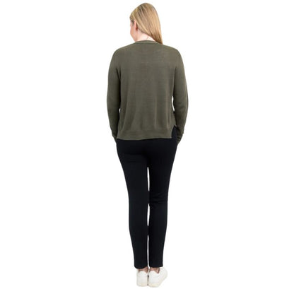female model wearing jessica khaki green button up cardigan sweater, reanna white tank top and nadine black pants back view on white background
