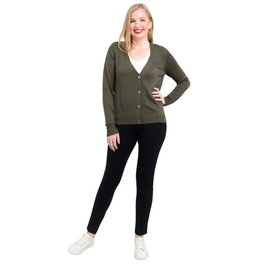 female model wearing khaki green jessica button up cardigan sweater, white reanna tank top and black nadia pants front view on white background