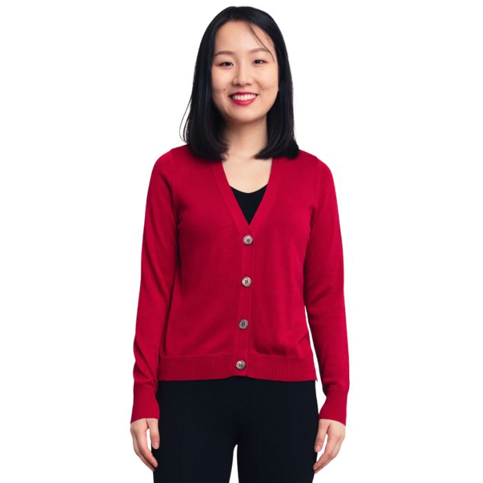 top of female model wearing jessica lipstick red button up cardigan sweater front view on white background