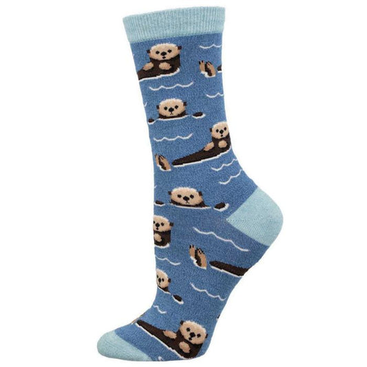 just an otter day sock, blue crew sock with cute swimming otters print