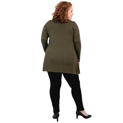 female model wearing khaki green justine draped cardigan sweater, black reannna tank top and black nadia pants back view on white background