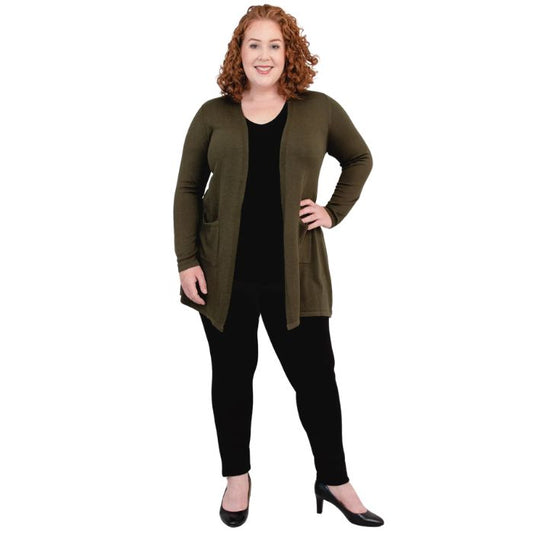 female model wearing khaki green justine draped cardigan sweater, black reannna tank top and black nadia pants front view on white background