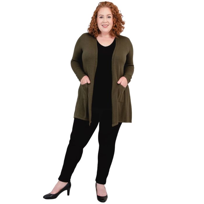 female model wearing khaki green justine draped cardigan sweater, black reannna tank top and black nadia pants front view on white background