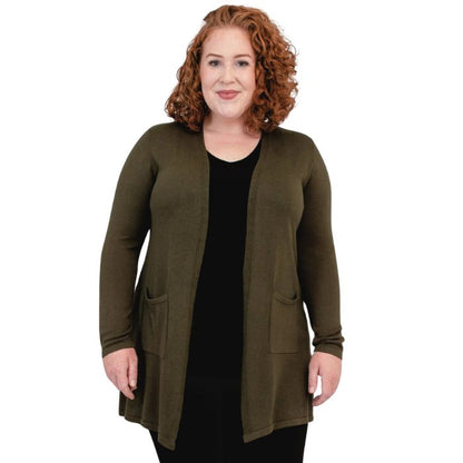 top of female model wearing justine khaki green draped cardigan sweater front view on white background