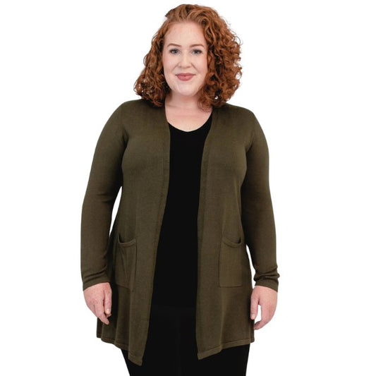 top of female model wearing justine khaki green draped cardigan sweater front view on white background