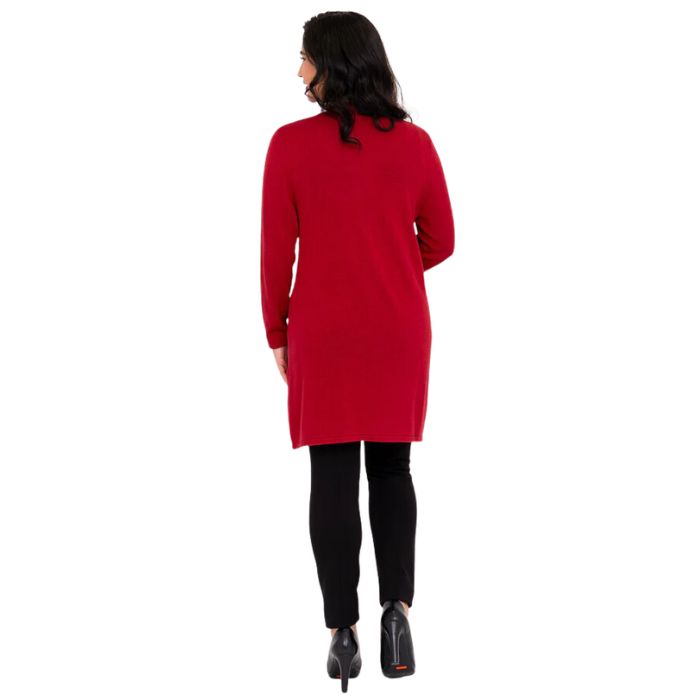 female model wearing lipstick red justine draped cardigan sweater, black reanna tank top and black nadia pants back view on white background