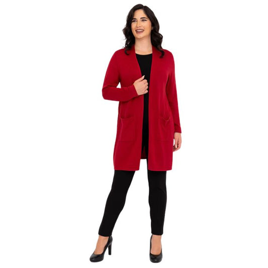 female model wearing lipstick red justine draped cardigan sweater, black reanna tank top and black nadia pants front view on white background