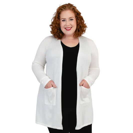 top of female model wearing justine white draped cardigan sweater front view on white background