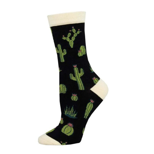 king cactus sock black crew sock with different types of cactus print