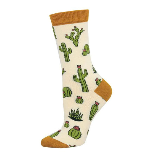 king cactus sock ivory white crew sock with different types of cactus print