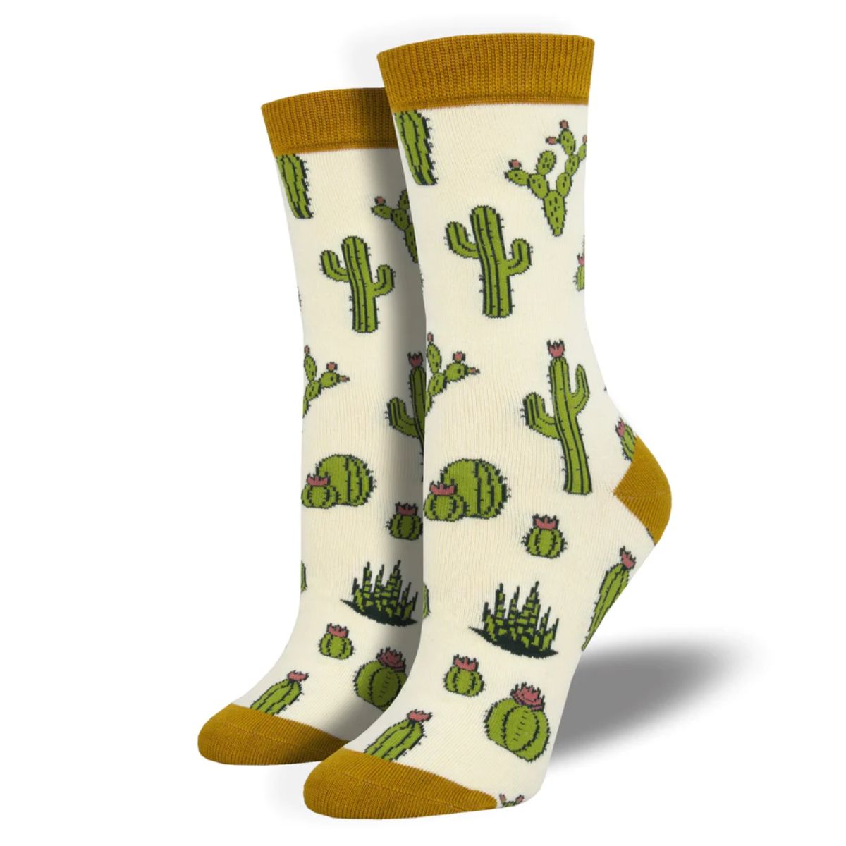 king cactus socks a pair of ivory white crew socks with cactus print
