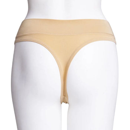 body of white female mannequin wearing beige brown la thong underwear back view on white background