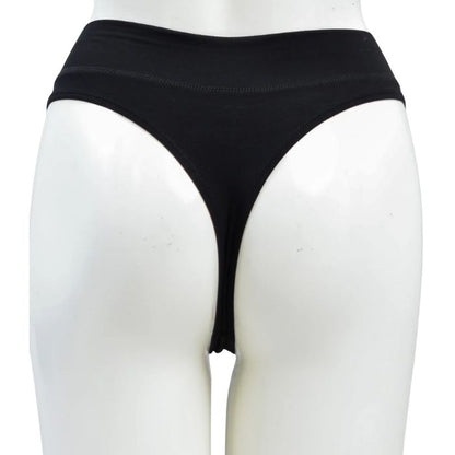 body of white female mannequin wearing black la thong underwear back view on white background